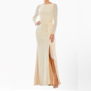 Mac Duggal Elegant Champagne Long Sleeve Evening Dress with Side Slit